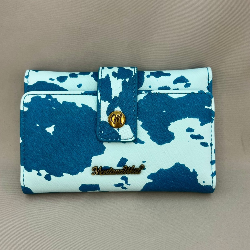 Montana West Trifold Wallet Women Small Blue Cow Print Excellent Western Style